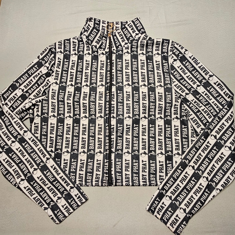 Vintage Y2K Baby Phat Cropped Zip-Up Sweatshirt Womens L Black White Logo Print